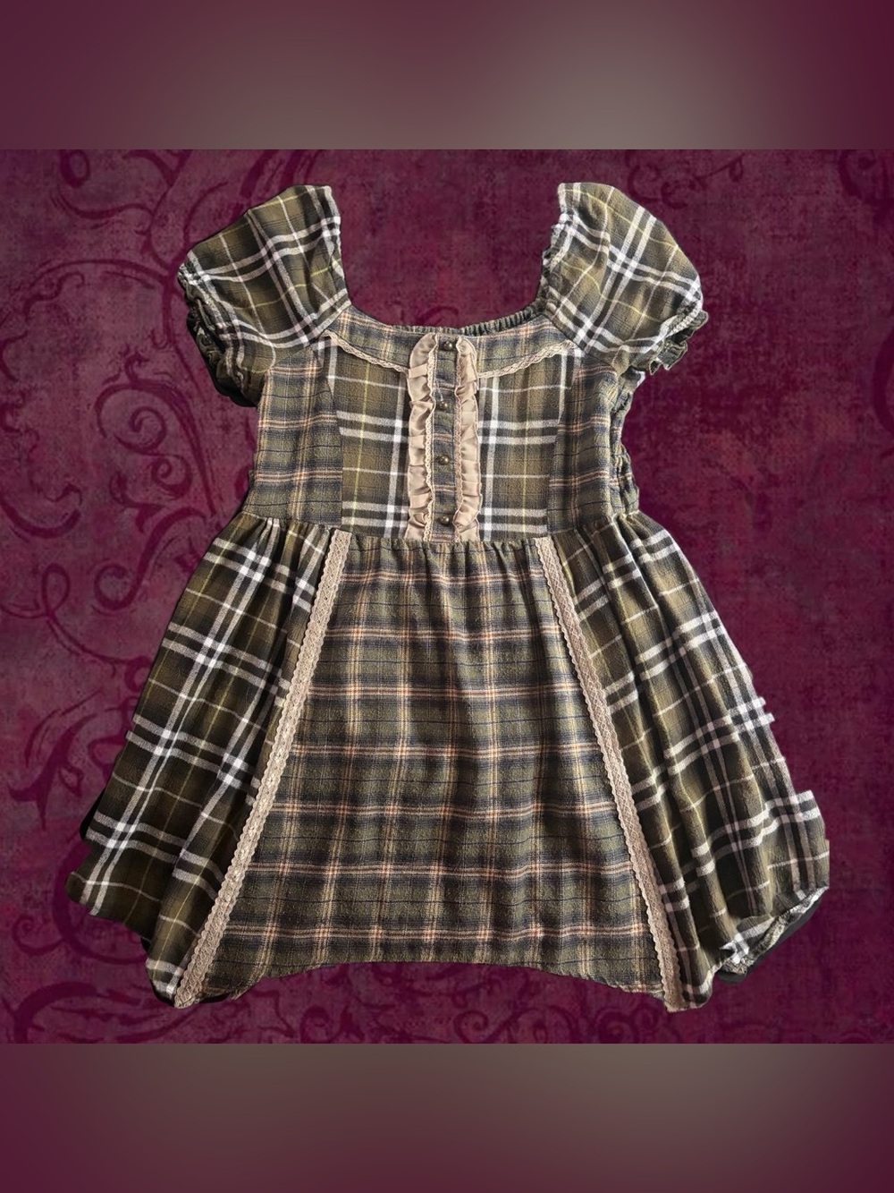 Rare Axes Femme green and brown plaid babydoll dress